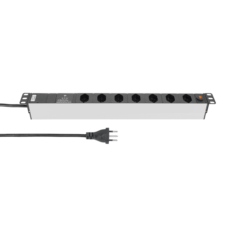 Steckdosenleiste 19" ALU MODULAR 1HE 7xT13 schwarz 3m/T12 mit Überspannungsschutz